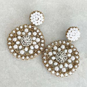 Handwoven Gold Crochet And Embroidered Lightweight Crystal And Pearl Statement Earrings