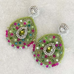 Handwoven Green Crochet And Embroidered Lightweight Crystal Statement Earrings