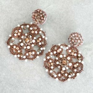 Handwoven Rose Gold Crochet, Tatting And Embroidered Lightweight Crystal Statement Earrings