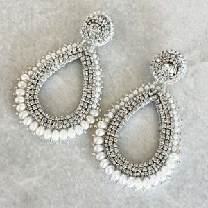 Handwoven Silver Crochet And Embroidered Lightweight Crystal And Pearl Statement Earrings