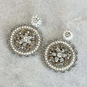 Handwoven Silver Crochet, Tatting And Embroidered Lightweight Crystal Statement Earrings