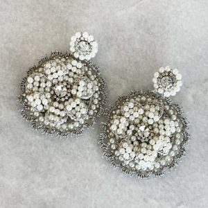 Handwoven Silver Crochet And Embroidered Lightweight Crystal And Pearl Rose Statement Earrings