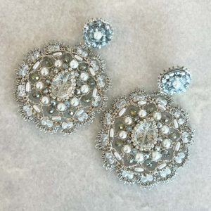 Handwoven Silver Crochet, Tatting And Embroidered Lightweight Crystal And Pearl Statement Earrings