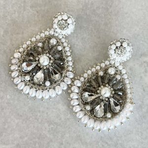 Handwoven Silver Crochet And Embroidered Lightweight Crystal And Pearl Statement Earrings