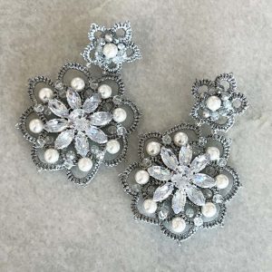 Handwoven Silver Crochet, Tatting And Embroidered Lightweight Crystal And Pearl Statement Earrings