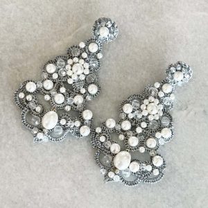Handwoven Silver Tatting And Embroidered Lightweight Crystal And Pearl Statement Earrings