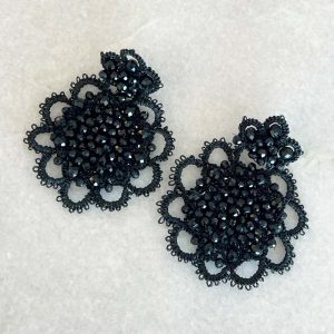 Handwoven Black Crochet, Tatting And Embroidered Lightweight Crystal Statement Earrings