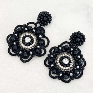 Handwoven Black Crochet, Tatting And Embroidered Lightweight Crystal Statement Earrings