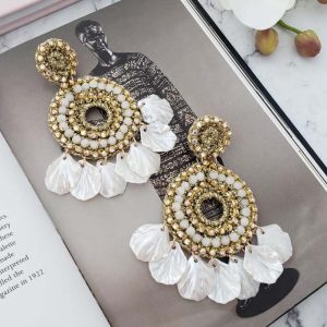 Handwoven Gold Crochet Lightweight Mother of Pearl Shell And Crystal Statement Earrings
