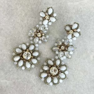 Handwoven Gold Crochet, Tatting And Embroidered Lightweight Crystal Flower Statement Earrings