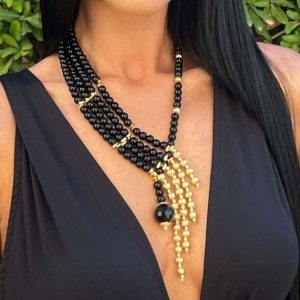 Handmade Multi-strand Onyx statement necklace combined with gold plated elements