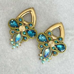 Handwoven Gold Crochet, Tatting And Embroidered Crystal Statement Earrings and Cuff