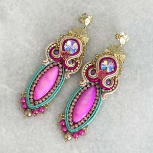 Handwoven Gold Crochet, Tatting And Embroidered Crystal Statement Earrings and Cuff