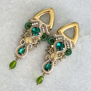 Handwoven Gold Crochet, Tatting And Embroidered Crystal Statement Earrings and Cuff