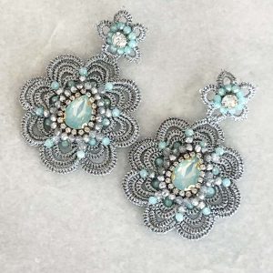 Handwoven Silver Crochet, Tatting And Embroidered Lightweight Crystal Statement Earrings