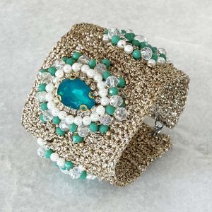 Handwoven Gold Crochet And Embroidered Crystal Statement Cuff Bracelet