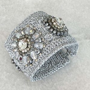 Handwoven Silver Crochet And Embroidered Crystal Statement Cuff Bracelet