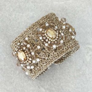 Handwoven Gold Crochet And Embroidered Crystal Statement Cuff Bracelet