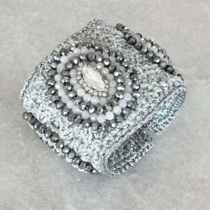 Handwoven Silver Crochet And Embroidered Crystal Statement Cuff Bracelet