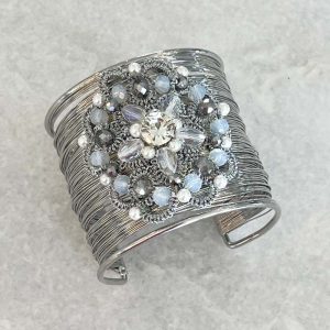 Handwoven Silver Crochet And Embroidered Crystal Statement Cuff Bracelet