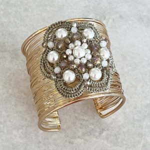 Handwoven Gold Crochet And Embroidered Crystal Statement Cuff Bracelet