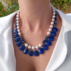 Handmade Multi-strand Lapis Lazuli statement necklace with fresh water pearls and gold plated elements 
