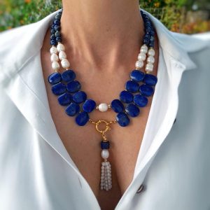 Handmade Multi-strand Lapis Lazuli statement necklace with fresh water pearls and gold plated elements 