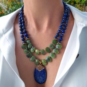 Handmade Multi-strand Lapis Lazuli statement necklace with Canadian Jade stone and gold plated elements 