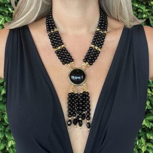 Handmade Multi-strand Onyx statement necklace and gold plated elements