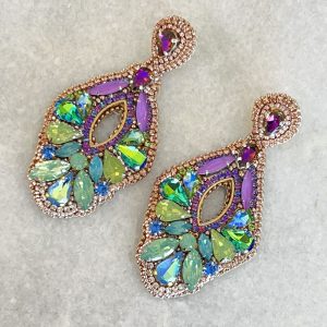 Handmade Lightweight Green and Purple Crystal Statement Earrings
