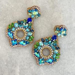 Handmade Lightweight Green and Blue Crystal Statement Earrings