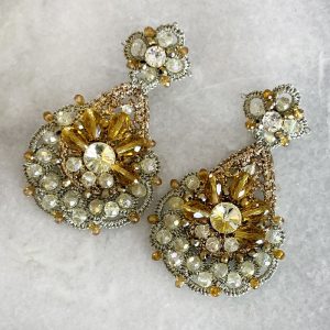 Handwoven Gold Crochet, Tatting And Embroidered Lightweight Crystal Statement Earrings