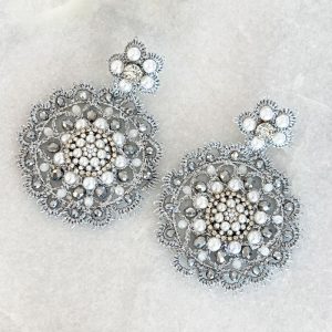 Handwoven Silver Crochet, Tatting And Embroidered Lightweight Crystal Statement Earrings