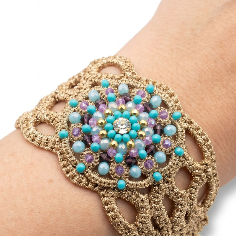 Handwoven Gold Crochet, Tatting And Embroidered Lightweight Crystal Statement Earrings Cuff