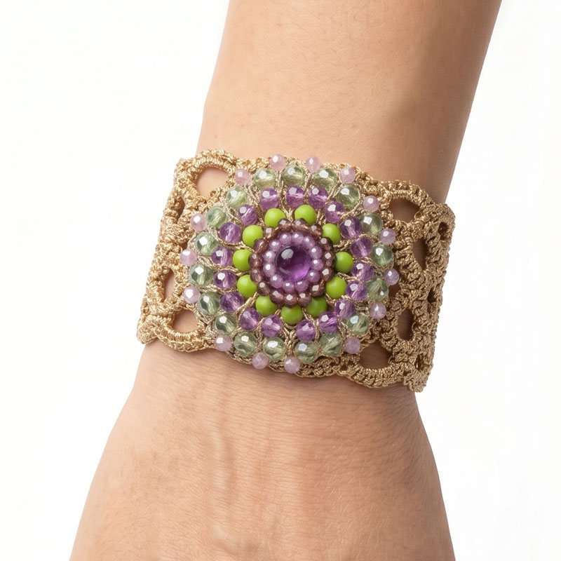 Handwoven Gold Crochet, Tatting And Embroidered Lightweight Crystal Statement Earrings Cuff