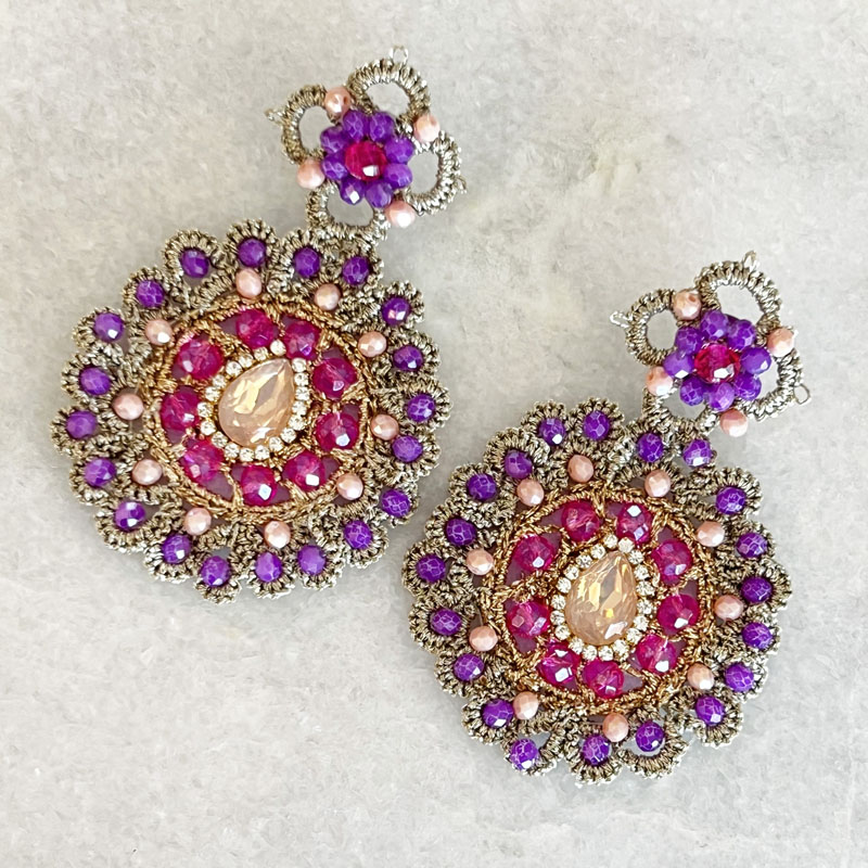 Handwoven Gold Crochet, Tatting And Embroidered Lightweight Crystal Statement Earrings