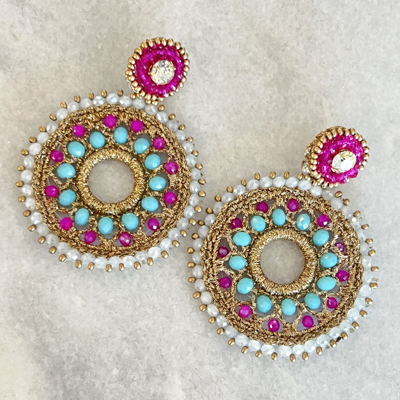 Handwoven Gold Crochet And Embroidered Lightweight Crystal Statement Earrings