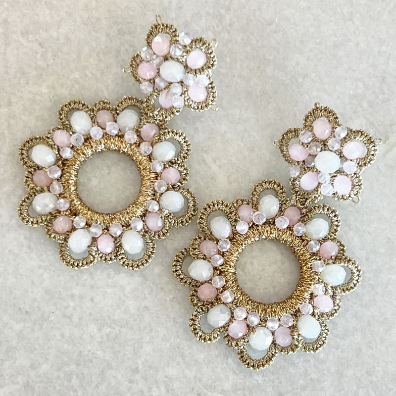 Handwoven Gold Crochet, Tatting And Embroidered Lightweight Crystal Statement Earrings