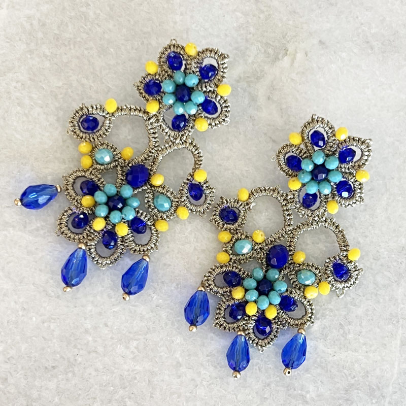 Handwoven Gold Crochet, Tatting And Embroidered Lightweight Crystal Statement Earrings