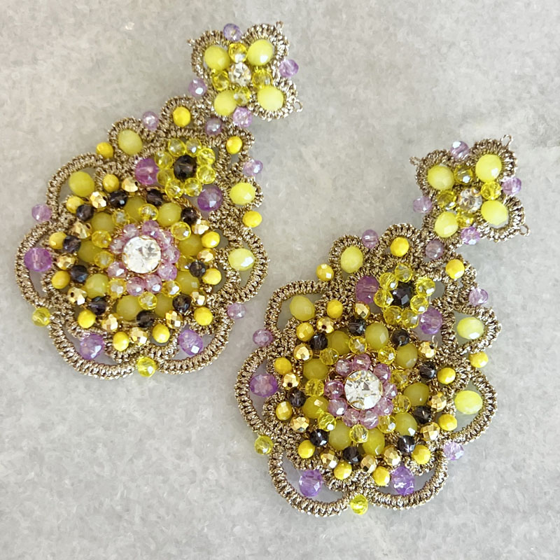 Handwoven Gold Crochet, Tatting And Embroidered Lightweight Crystal Statement Earrings