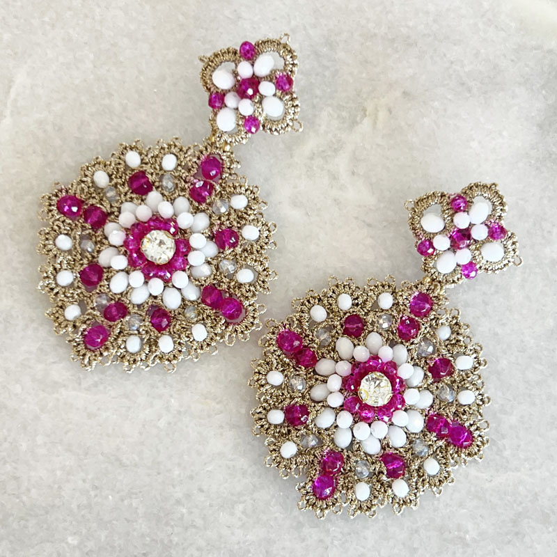 Handwoven Gold Crochet, Tatting And Embroidered Lightweight Crystal Statement Earrings