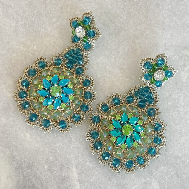 Handwoven Gold Crochet, Tatting And Embroidered Lightweight Crystal Statement Earrings