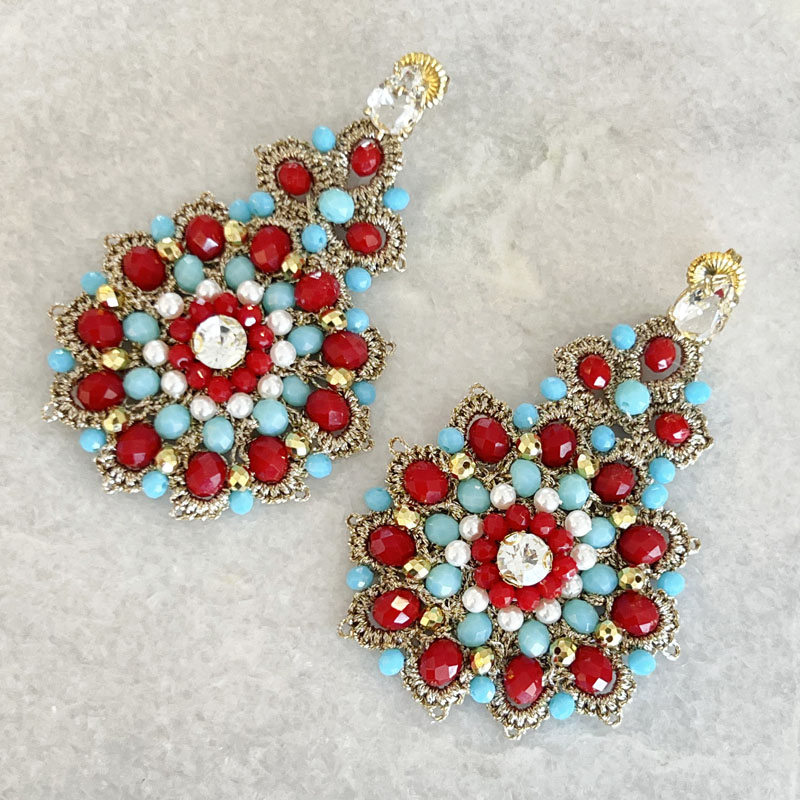 Handwoven Gold Crochet, Tatting And Embroidered Lightweight Crystal Statement Earrings