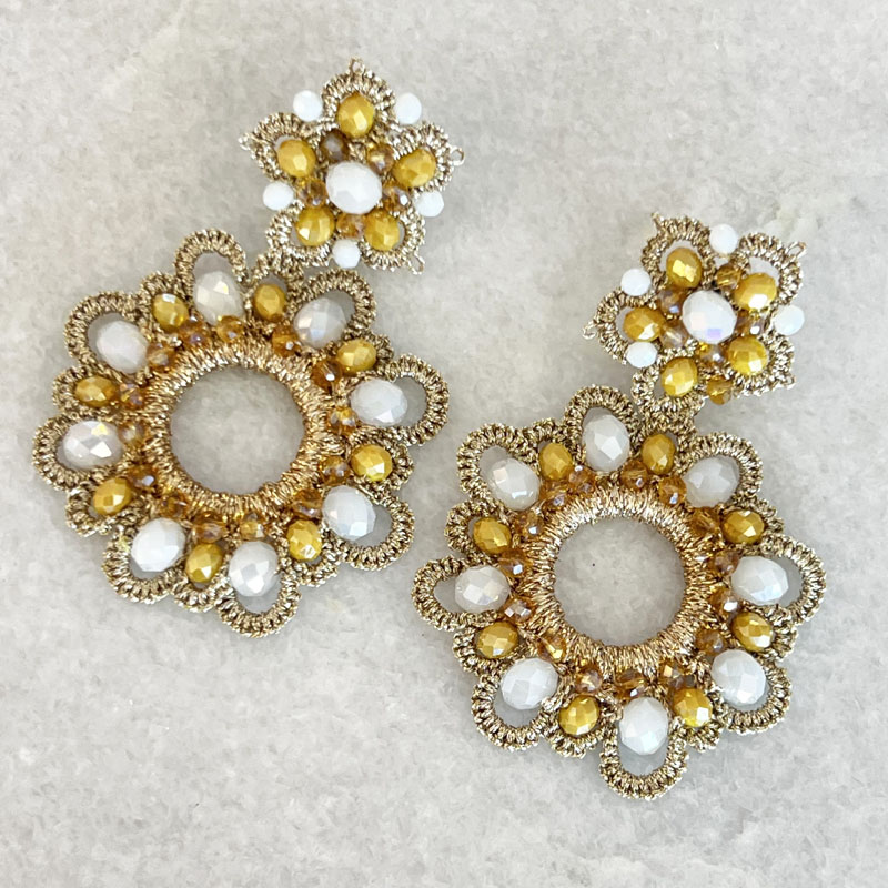 Handwoven Gold Crochet, Tatting And Embroidered Lightweight Crystal Statement Earrings