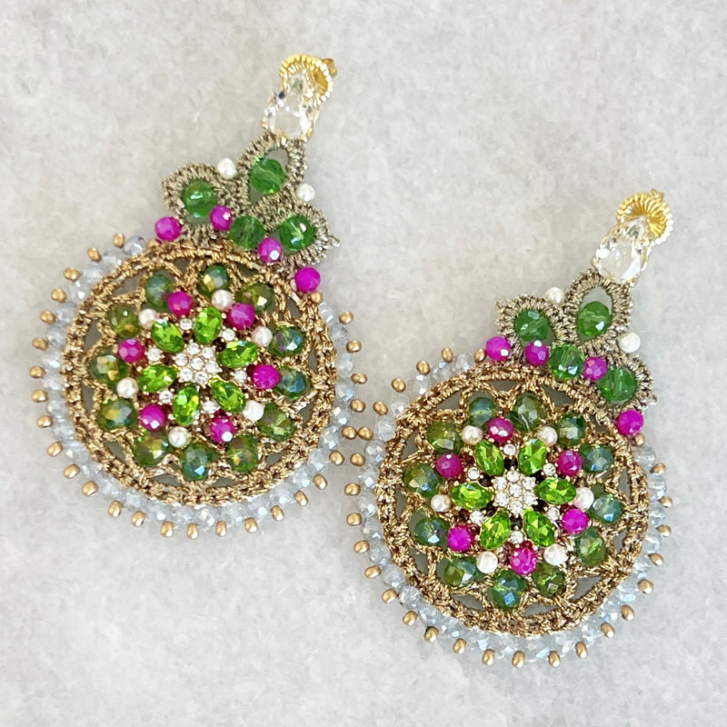 Handwoven Gold Crochet, Tatting And Embroidered Lightweight Crystal Statement Earrings