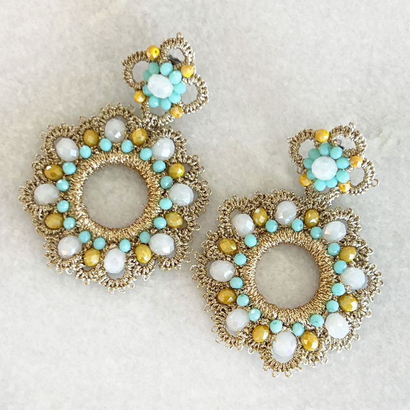 Handwoven Gold Crochet, Tatting And Embroidered Lightweight Crystal Statement Earrings