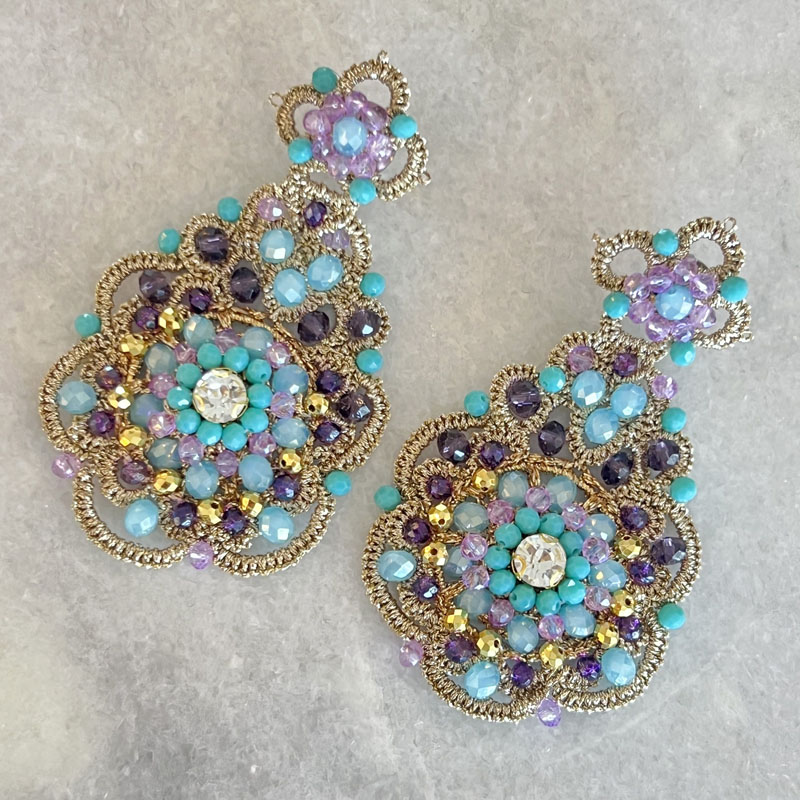 Handwoven Gold Crochet, Tatting And Embroidered Lightweight Crystal Statement Earrings
