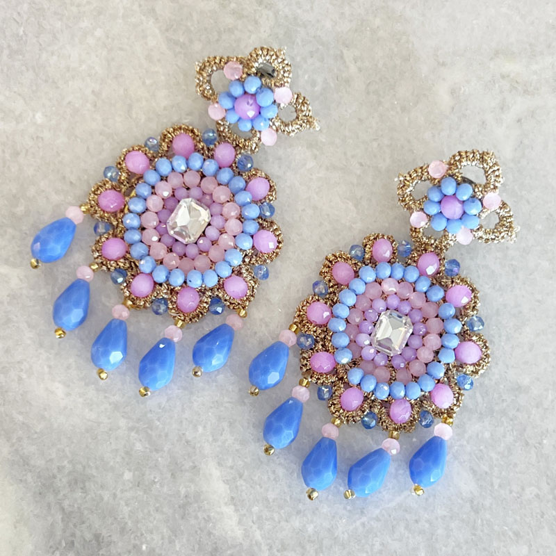 Handwoven Gold Crochet, Tatting And Embroidered Lightweight Crystal Statement Earrings