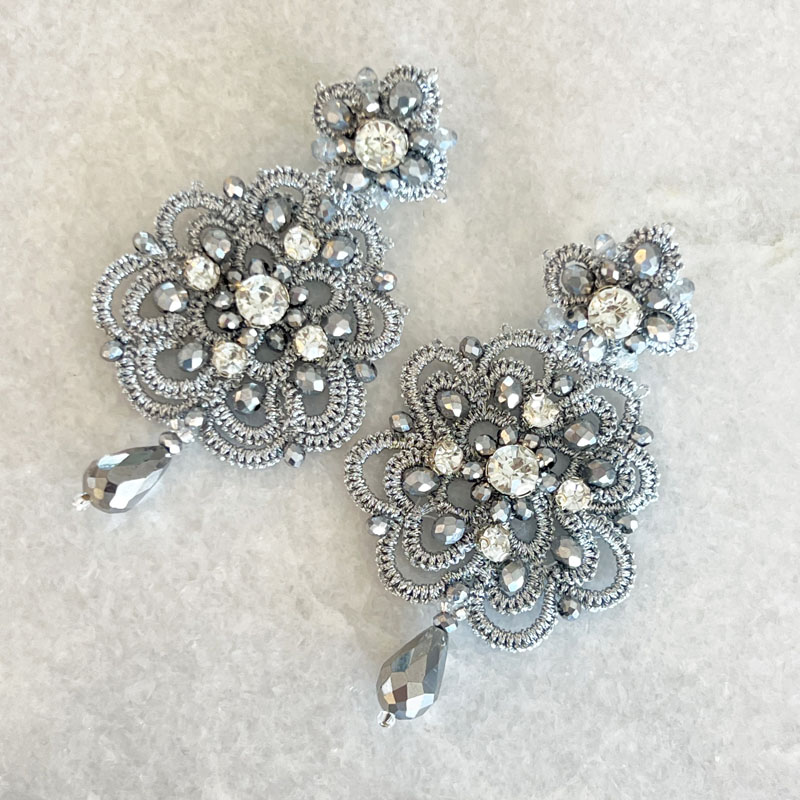 Handwoven Silver Crochet, Tatting And Embroidered Lightweight Crystal Statement Earrings