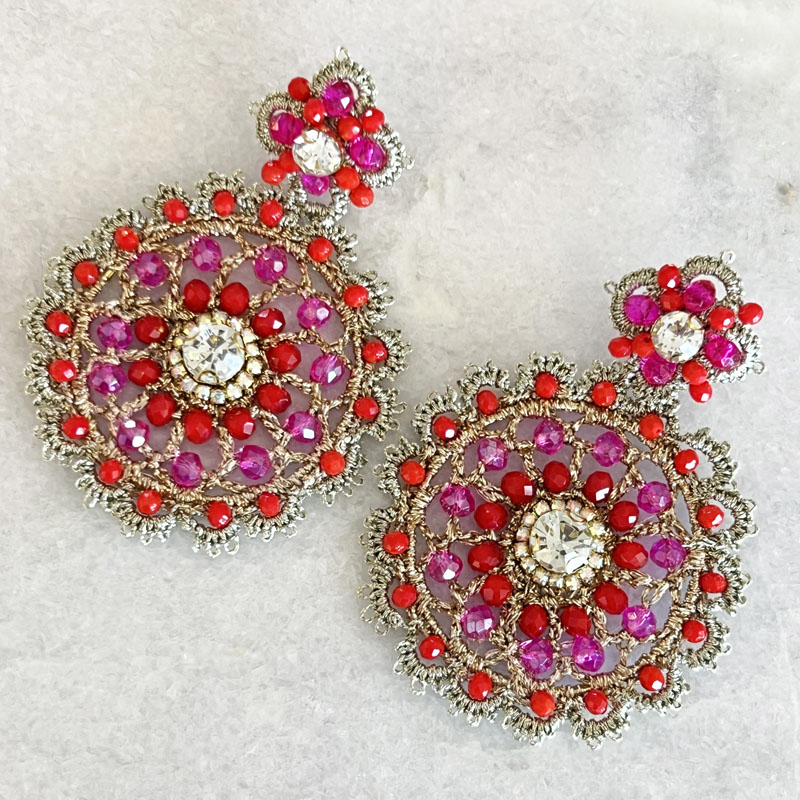 Handwoven Gold Crochet, Tatting And Embroidered Lightweight Crystal Statement Earrings